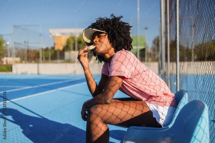 A person eats a nutriton bar after playing tennis.